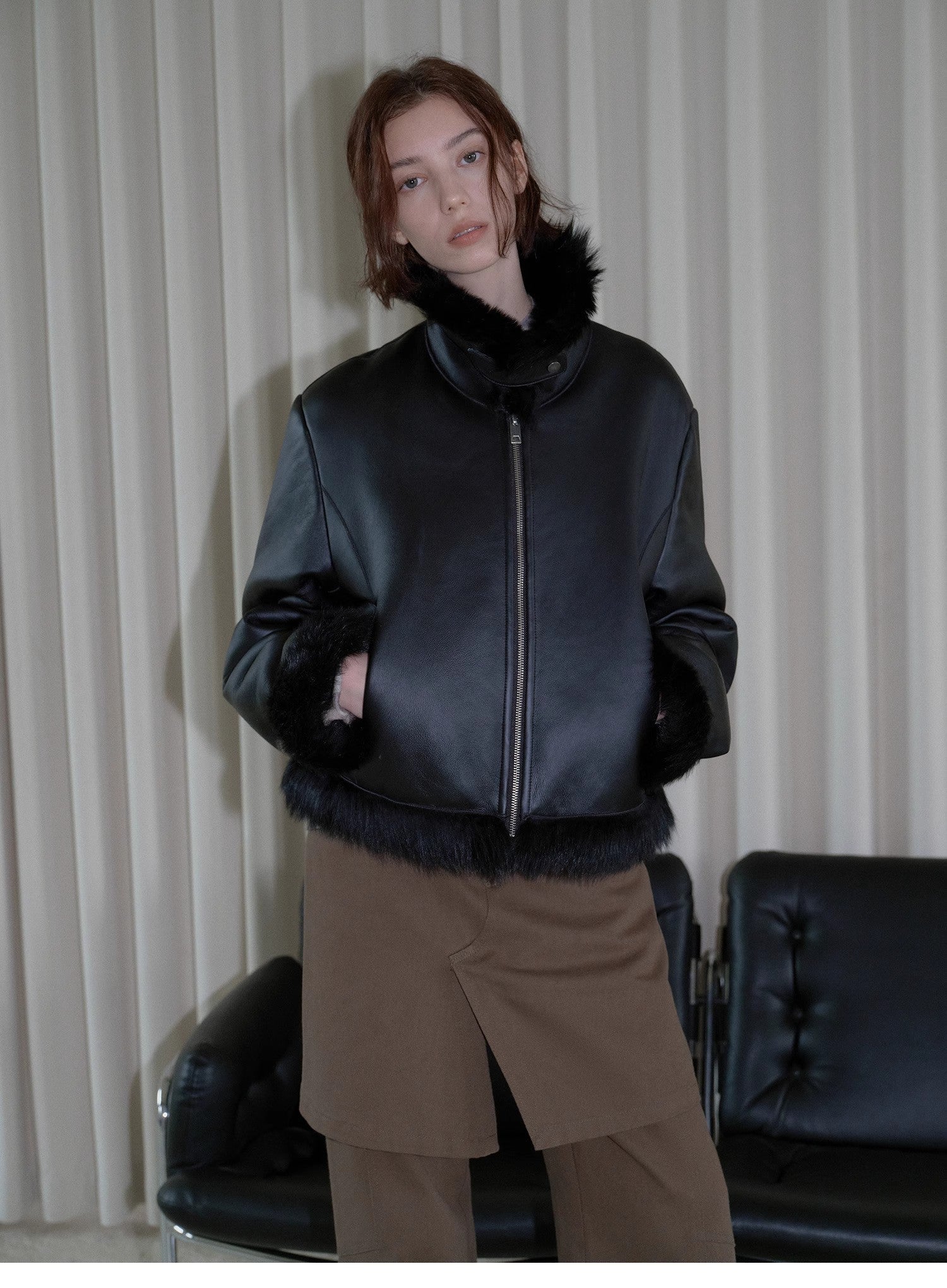 Fireladyfur Women's Shearling Coat - Motorcycle Style Tuscan Wool Short Jacket - variant_title