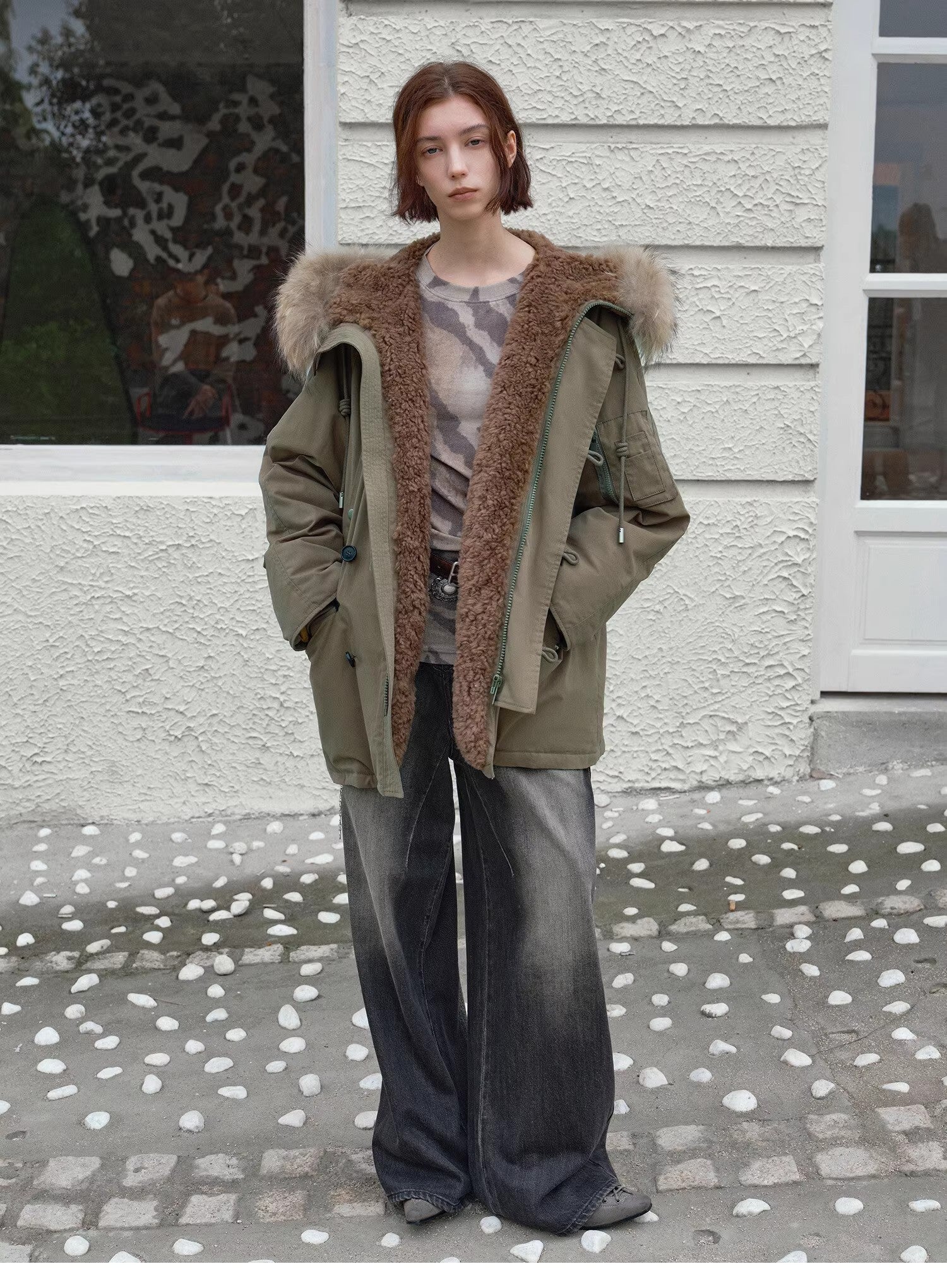 Fireladyfur Women's Shearling Lined Down Parka with Raccoon Fur Collar hood"Coastal Highway II" - variant_title