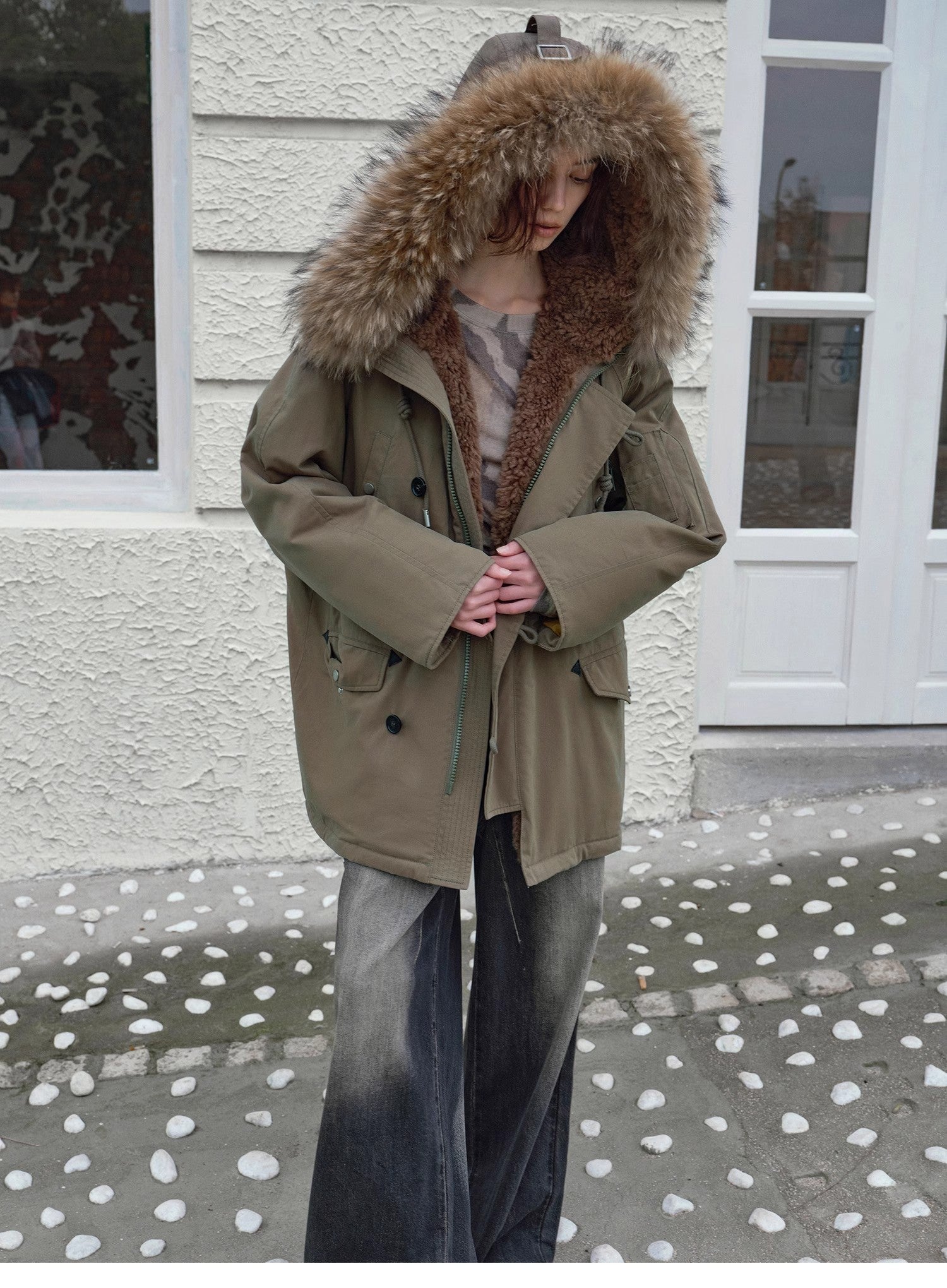 Fireladyfur Women's Shearling Lined Down Parka with Raccoon Fur Collar hood"Coastal Highway II" - variant_title