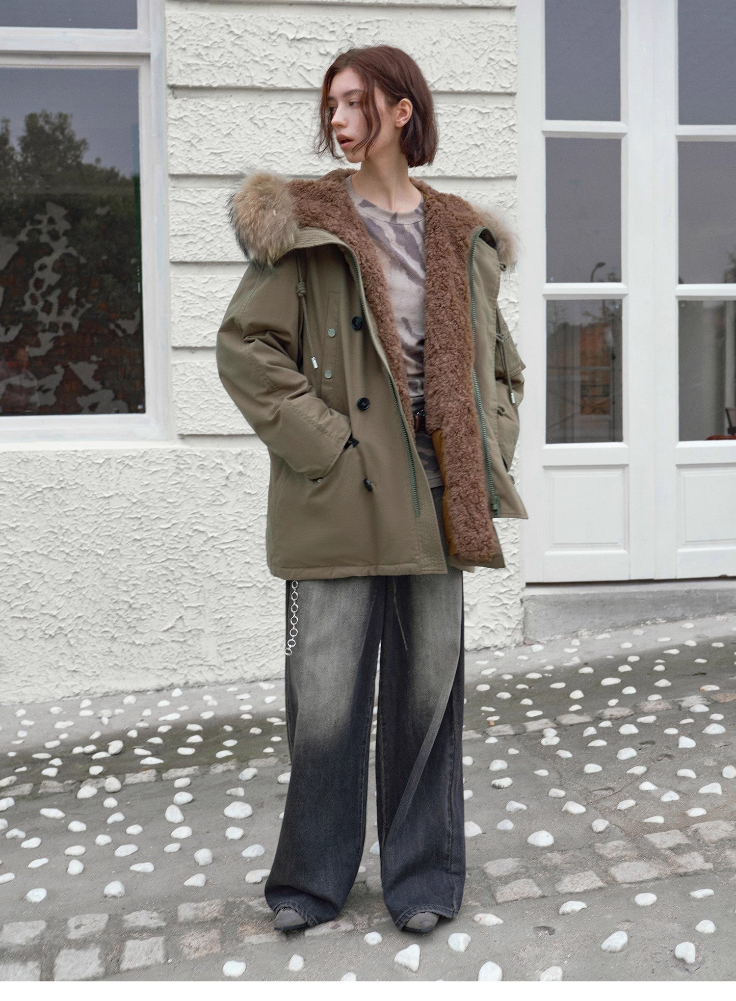 Fireladyfur Women's Shearling Lined Down Parka with Raccoon Fur Collar hood"Coastal Highway II" - variant_title