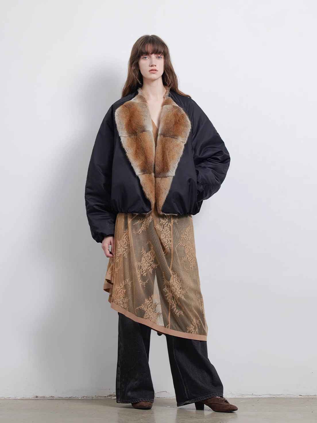 Fireladyfur Women's Short Colorblock Parka with Sable Muskrat Fur Collar and Goose Down"Hull Contract" - variant_title
