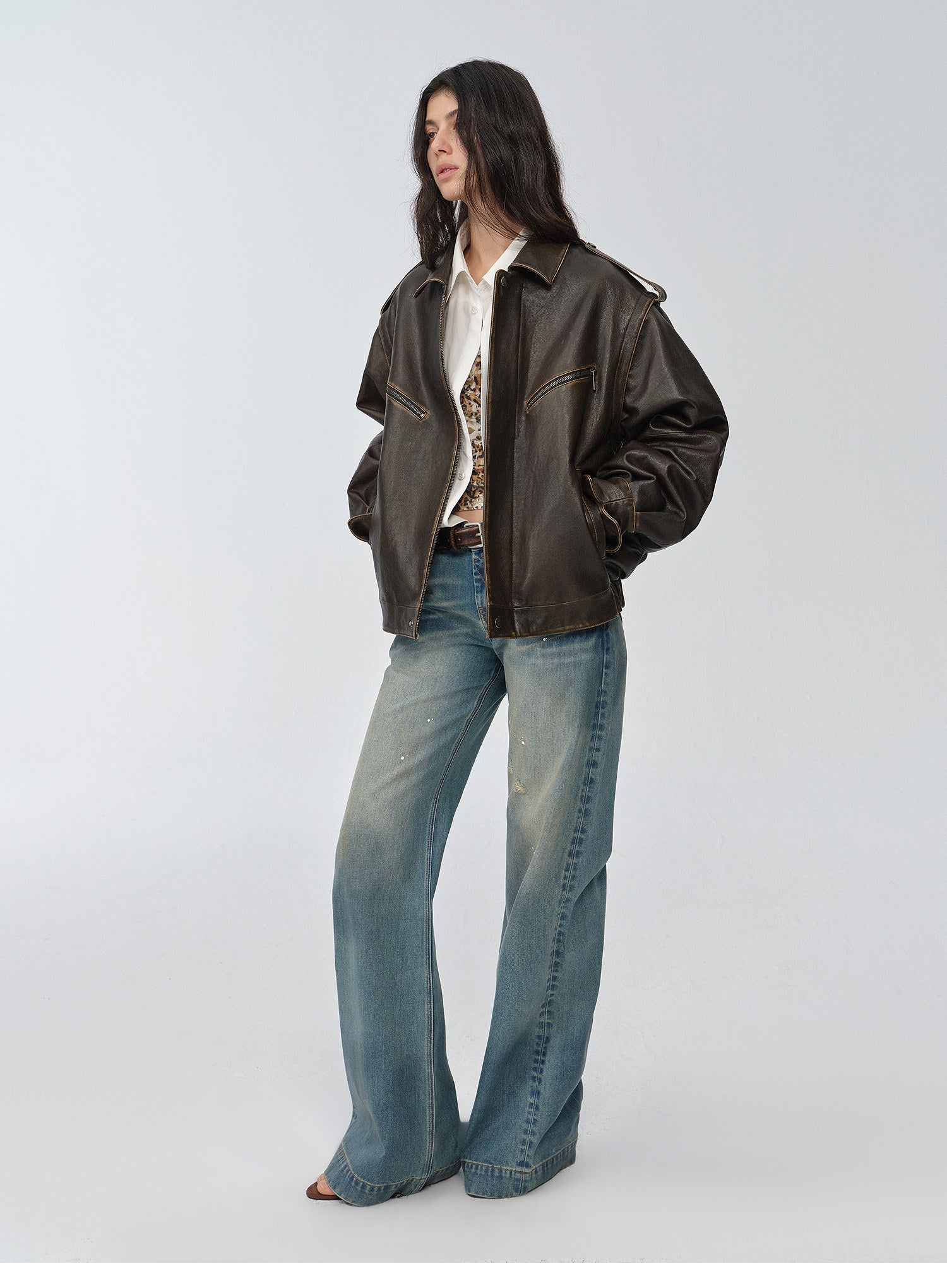 Fireladyfur Women's Two - Way Genuine Leather Jacket with Removable Sleeves"Barn Feelings"