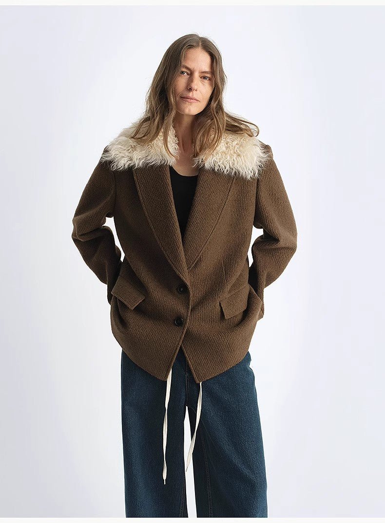 Fireladyfur Wool Tweed Coat with Detachable Fur Collar"Vertical Texture" - variant_title