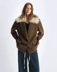 Fireladyfur Wool Tweed Coat with Detachable Fur Collar"Vertical Texture" - variant_title