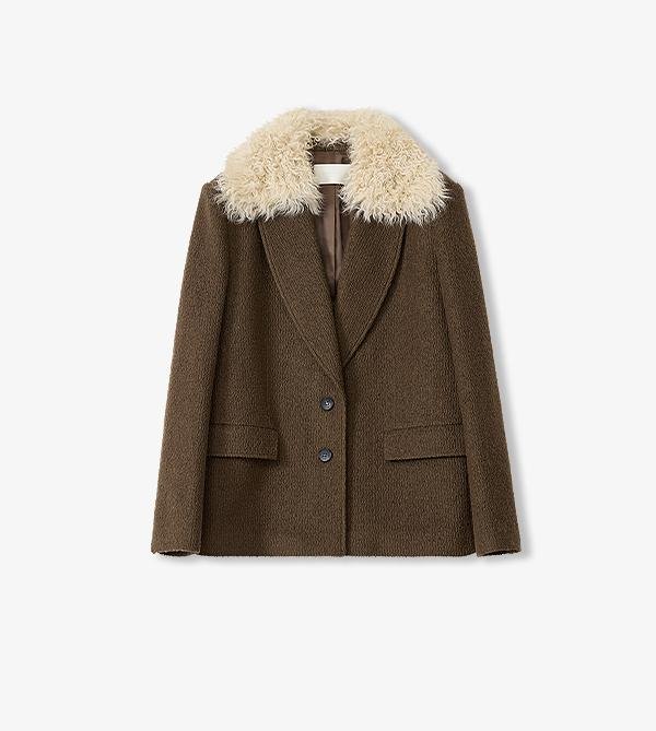 Fireladyfur Wool Tweed Coat with Detachable Fur Collar"Vertical Texture" - variant_title