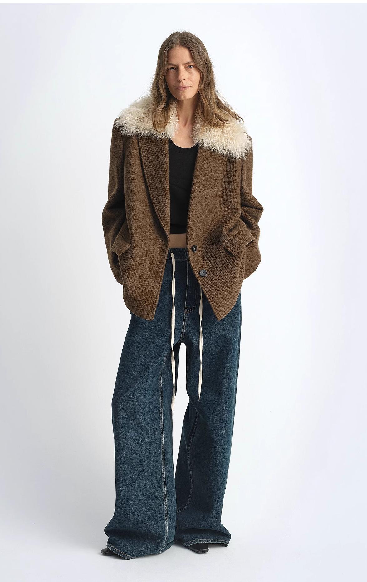 Fireladyfur Wool Tweed Coat with Detachable Fur Collar"Vertical Texture" - variant_title