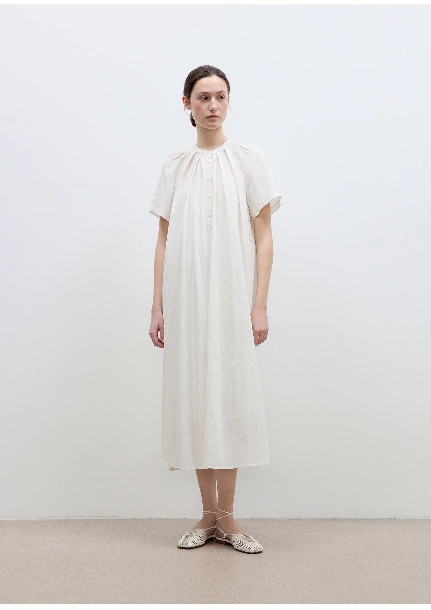 "First Love Island" Cotton Stand Collar Pleated Short Sleeve Shirt Dress for Women - variant_title