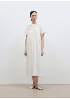 "First Love Island" Cotton Stand Collar Pleated Short Sleeve Shirt Dress for Women - variant_title