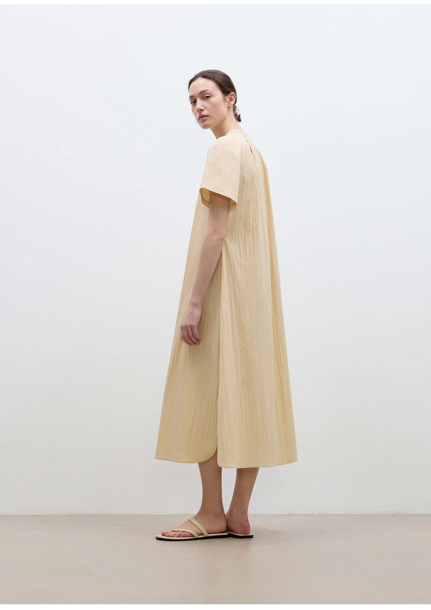 "First Love Island" Cotton Stand Collar Pleated Short Sleeve Shirt Dress for Women - variant_title
