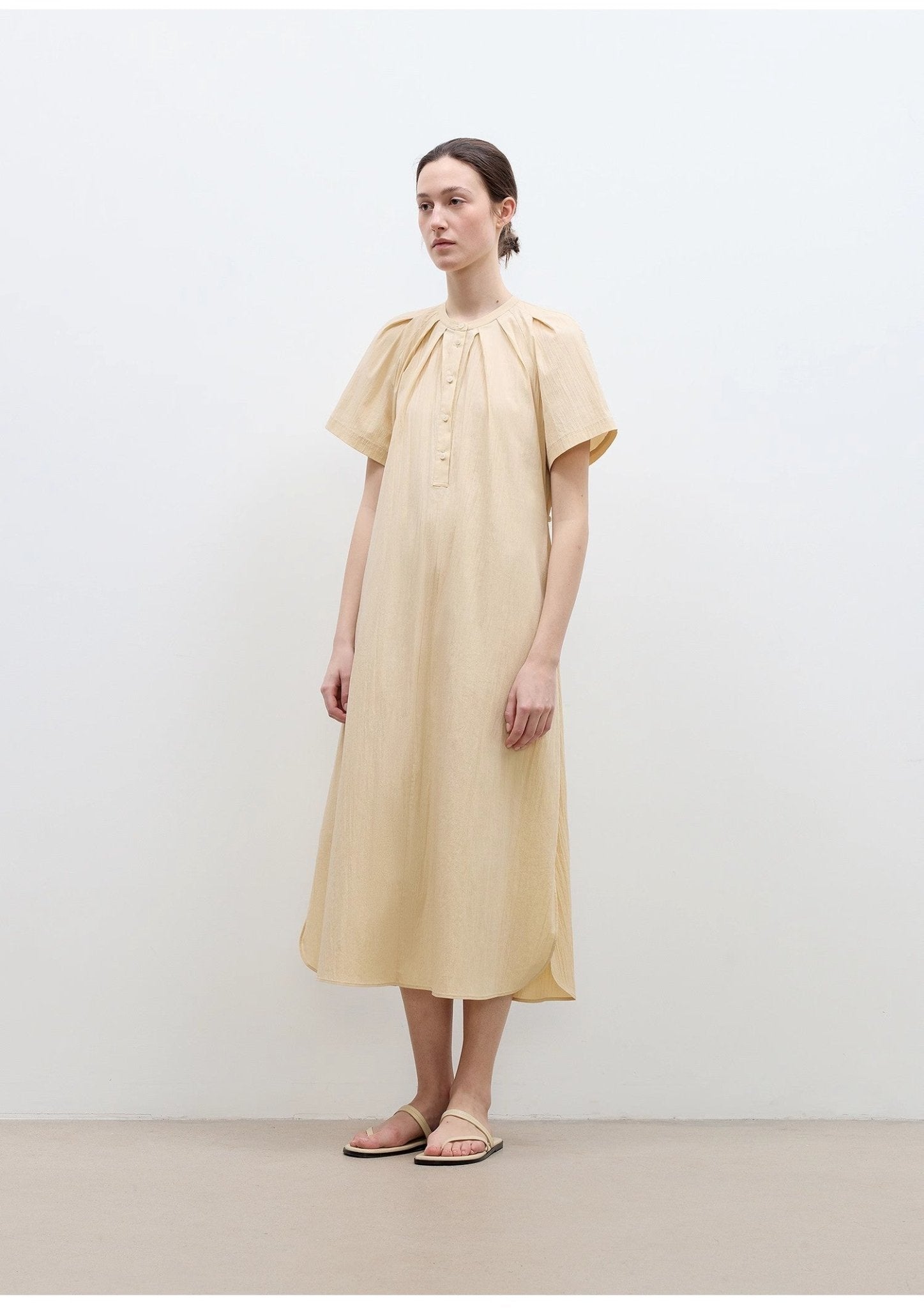 "First Love Island" Cotton Stand Collar Pleated Short Sleeve Shirt Dress for Women - variant_title