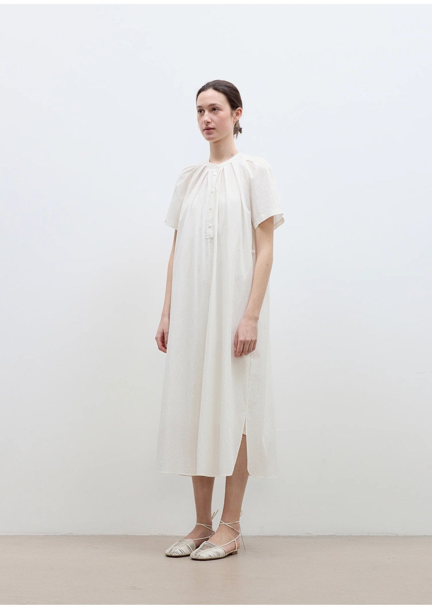 "First Love Island" Cotton Stand Collar Pleated Short Sleeve Shirt Dress for Women - variant_title