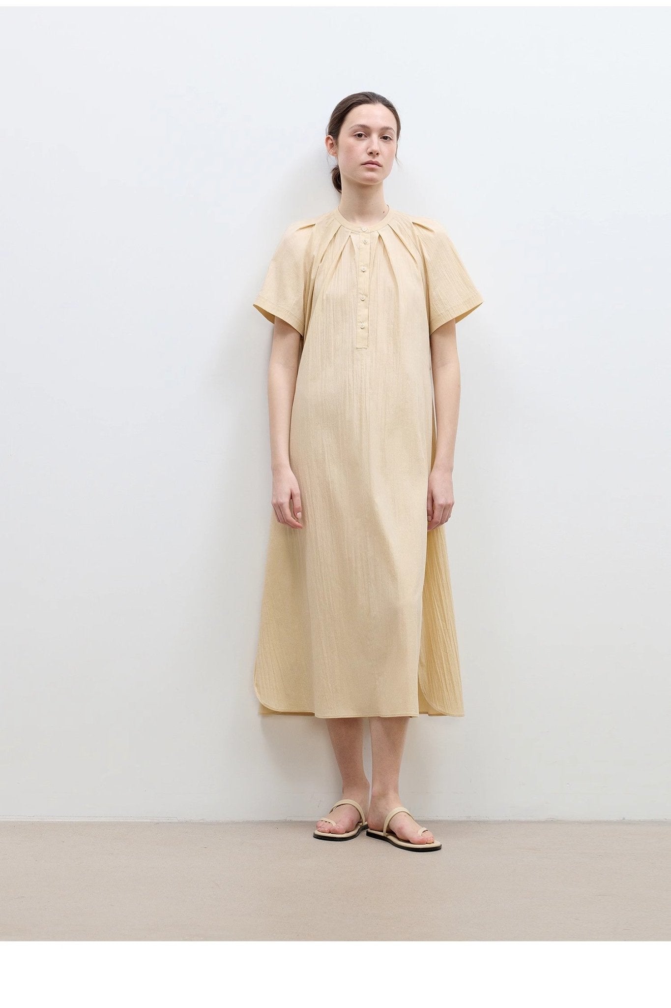 "First Love Island" Cotton Stand Collar Pleated Short Sleeve Shirt Dress for Women - variant_title
