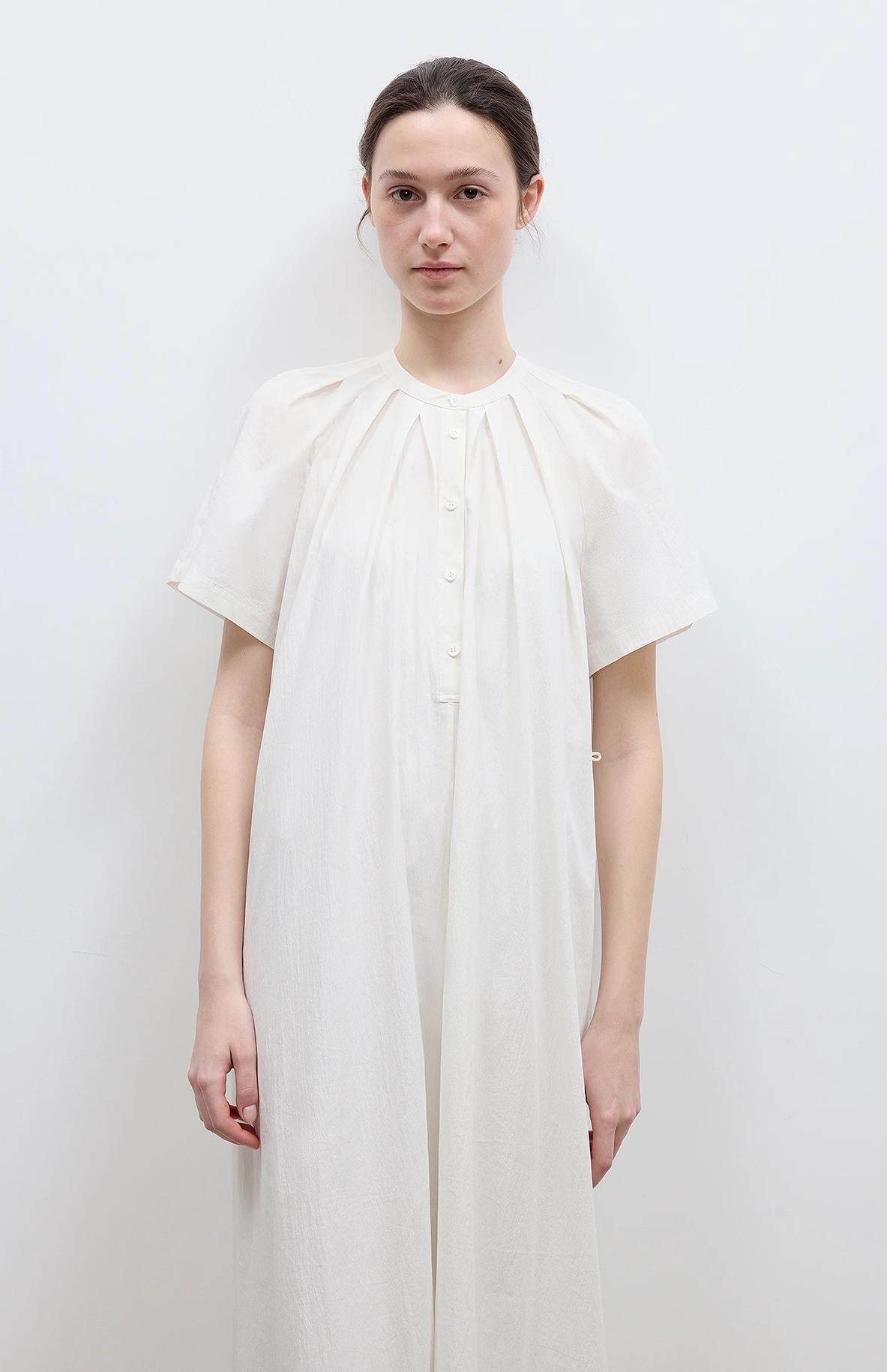"First Love Island" Cotton Stand Collar Pleated Short Sleeve Shirt Dress for Women - variant_title