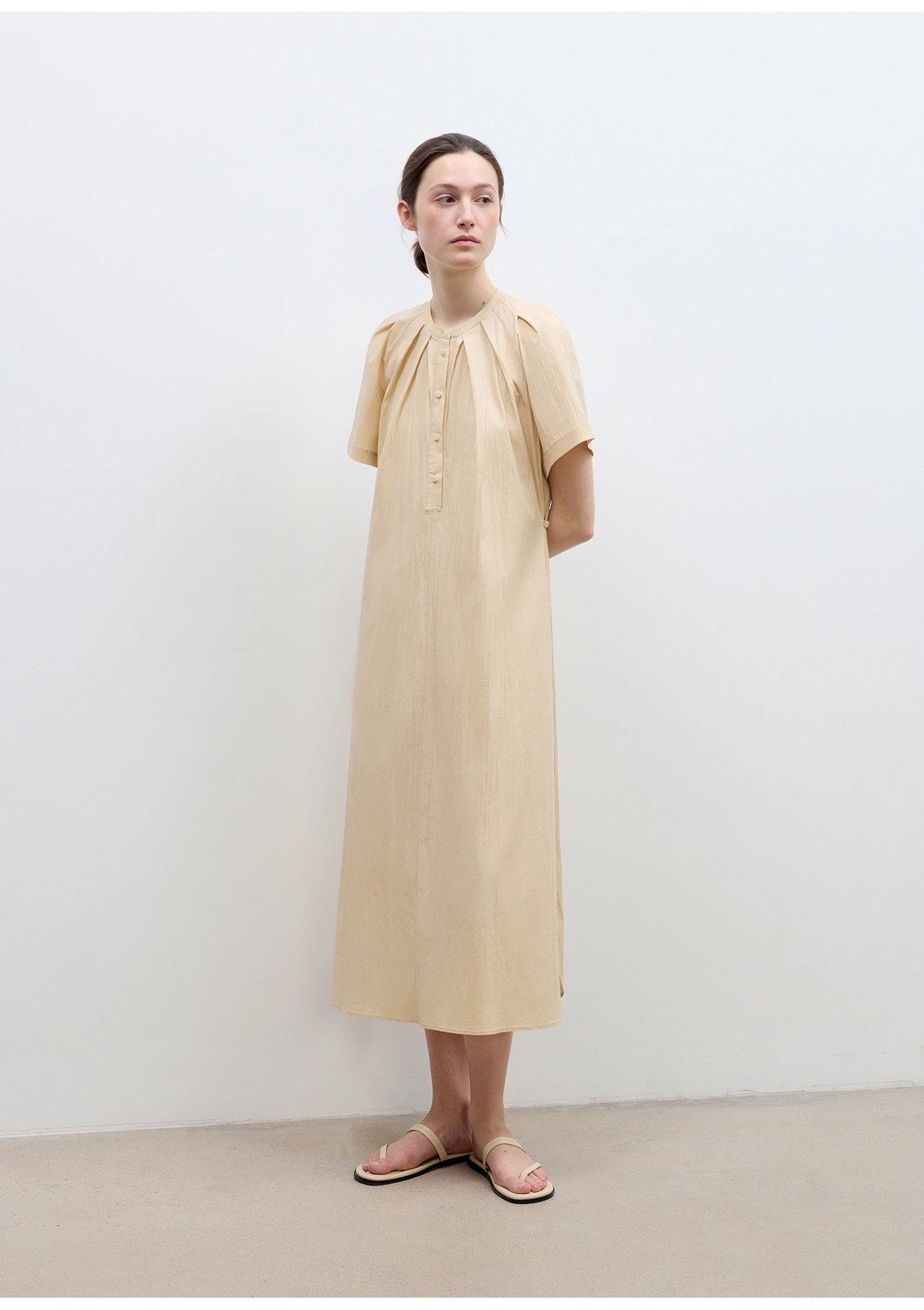 "First Love Island" Cotton Stand Collar Pleated Short Sleeve Shirt Dress for Women - variant_title