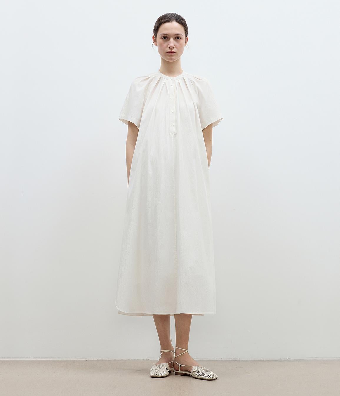 "First Love Island" Cotton Stand Collar Pleated Short Sleeve Shirt Dress for Women - variant_title