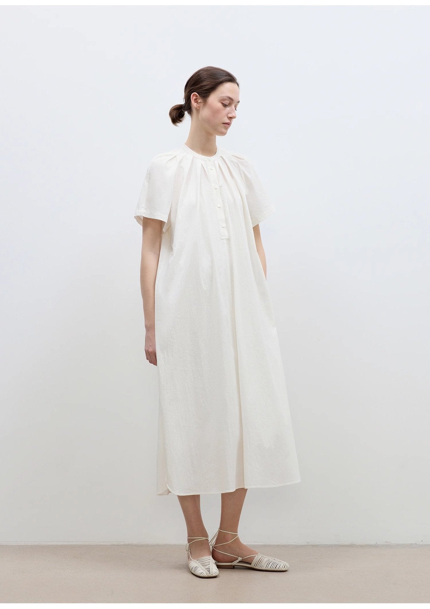 "First Love Island" Cotton Stand Collar Pleated Short Sleeve Shirt Dress for Women - variant_title