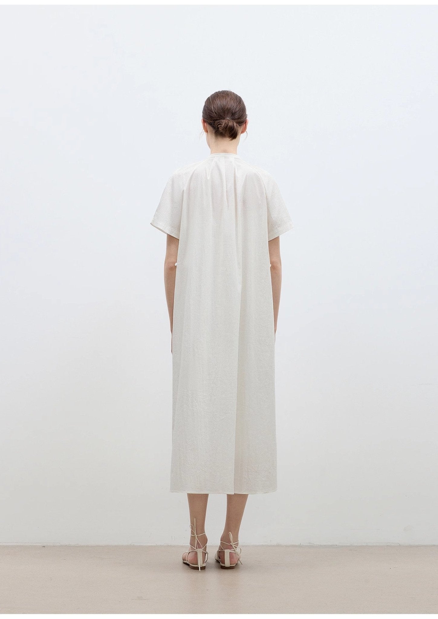 "First Love Island" Cotton Stand Collar Pleated Short Sleeve Shirt Dress for Women - variant_title