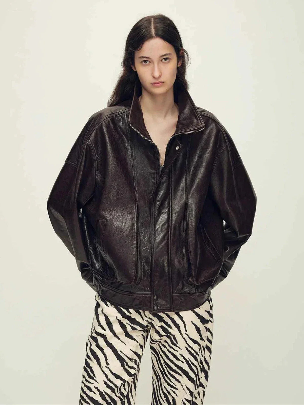 Firelady Fur Flight Notes bordeaux black waxed sheepskin leather jacket front view