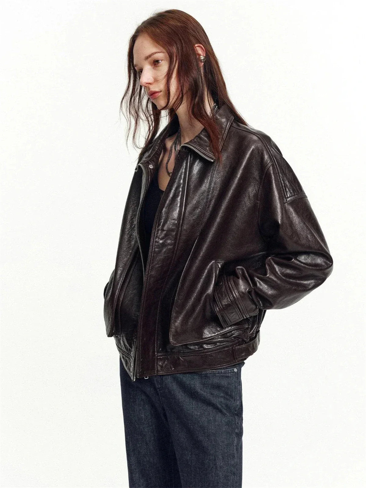 Firelady Fur Flight Notes bordeaux black waxed sheepskin leather jacket side view
