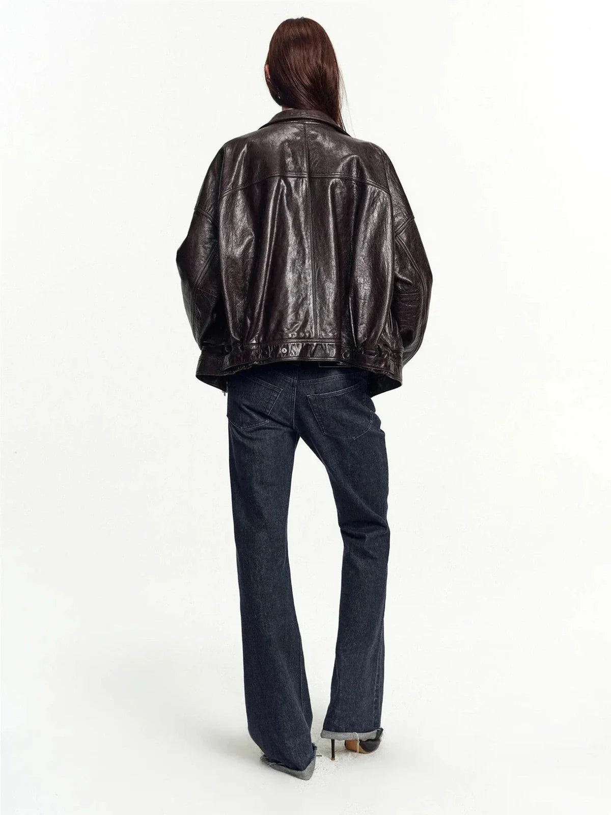 Firelady Fur Flight Notes bordeaux black waxed sheepskin leather jacket back view