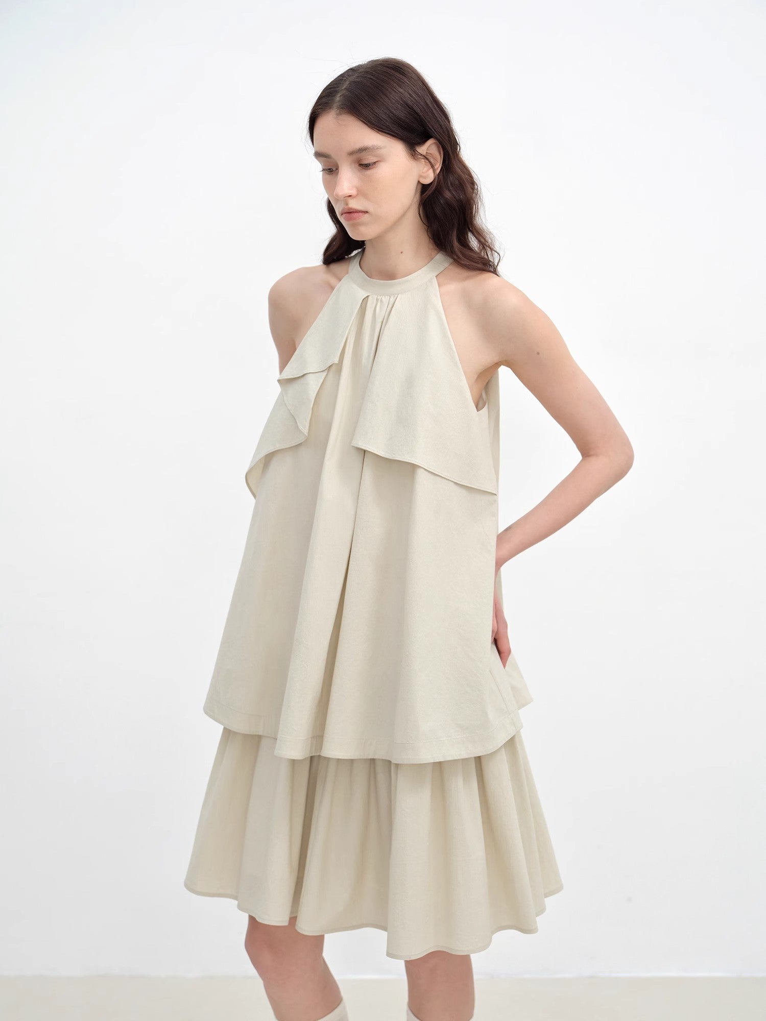 "Floating Island Manor" small stand - up collar design asymmetrical halter dress - variant_title