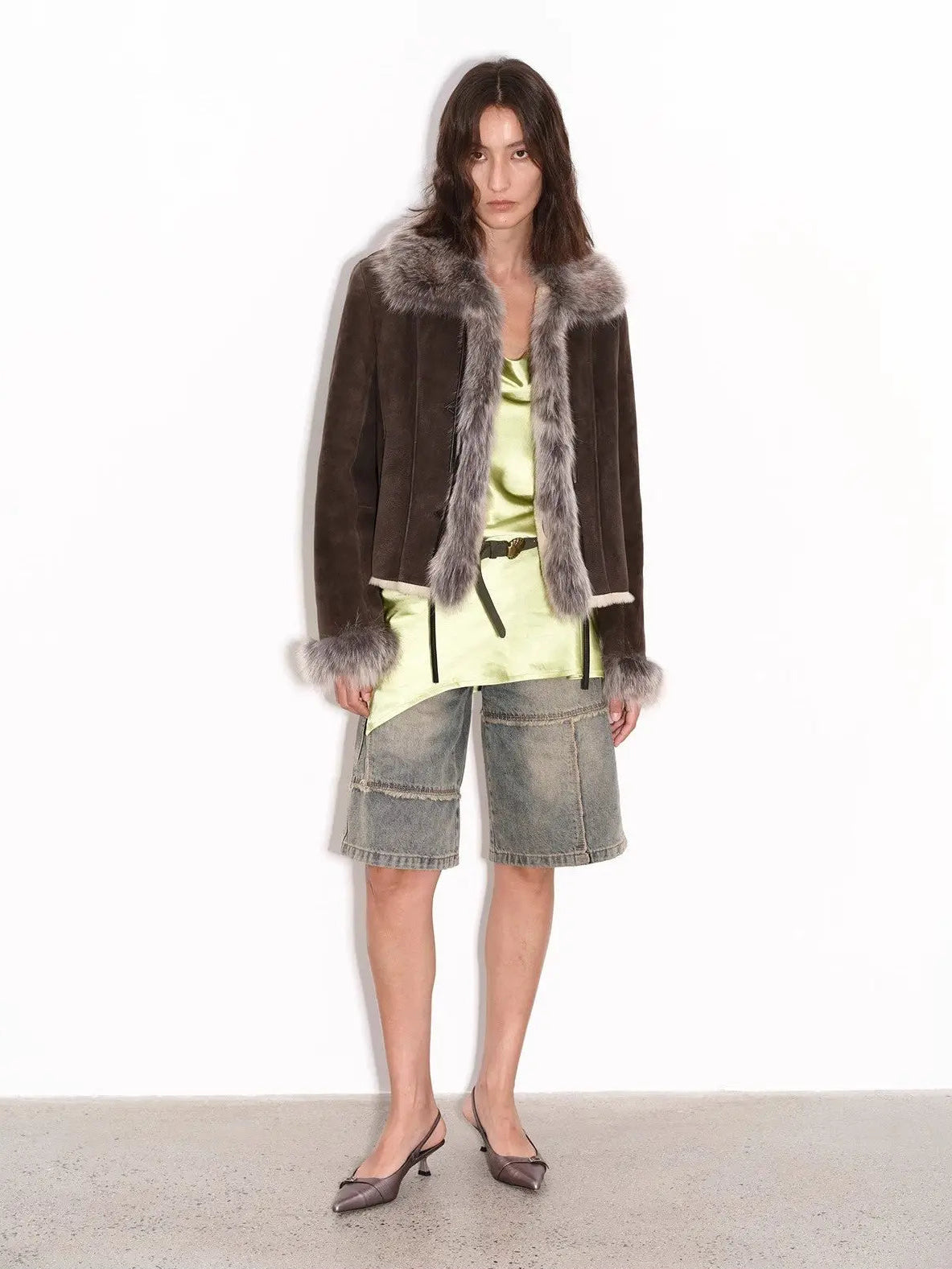 Florence dark brown shearling fox fur coat styled outfit, full-length front view