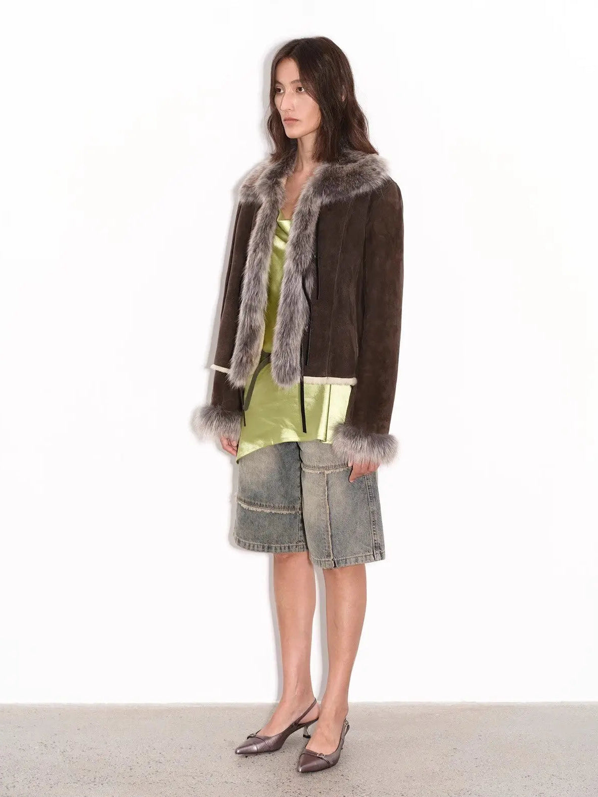 Florence dark brown Merino shearling coat, full-length side angle