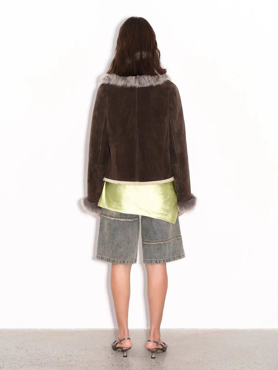 Florence dark brown fox fur collar shearling coat, back view