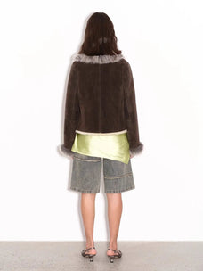 Florence dark brown fox fur collar shearling coat, back view