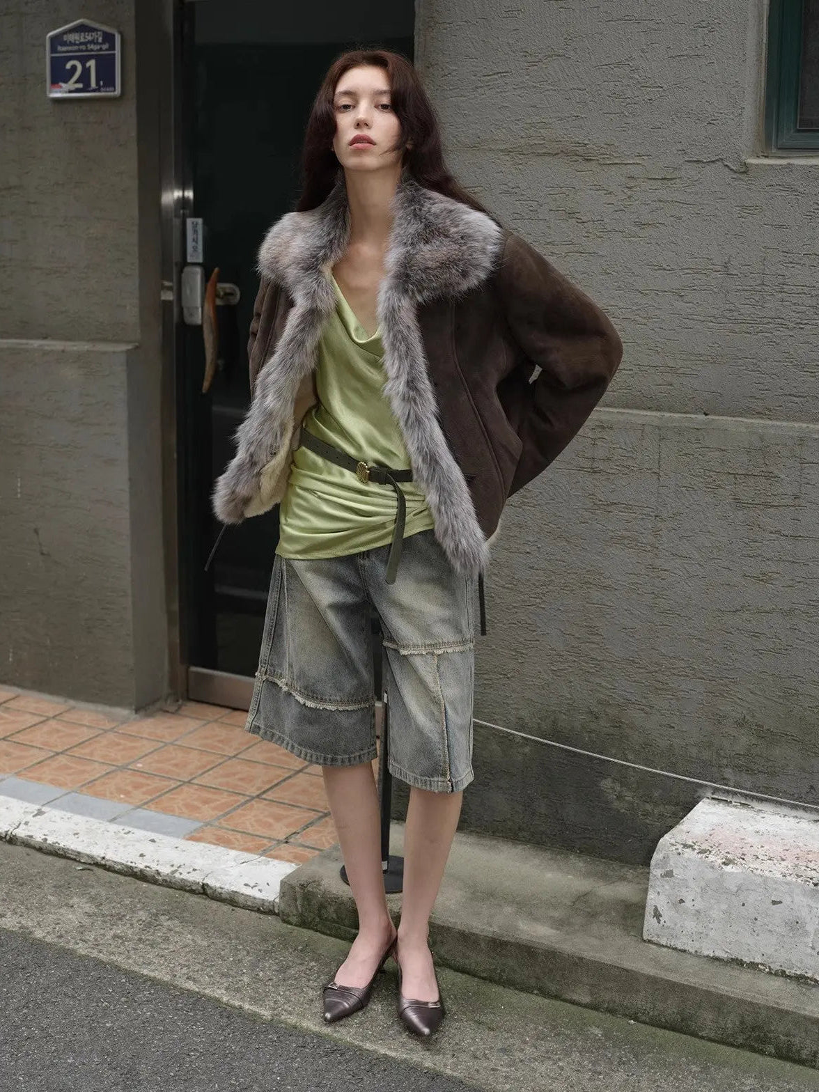 Florence dark brown Merino shearling fox fur coat outdoor styling view