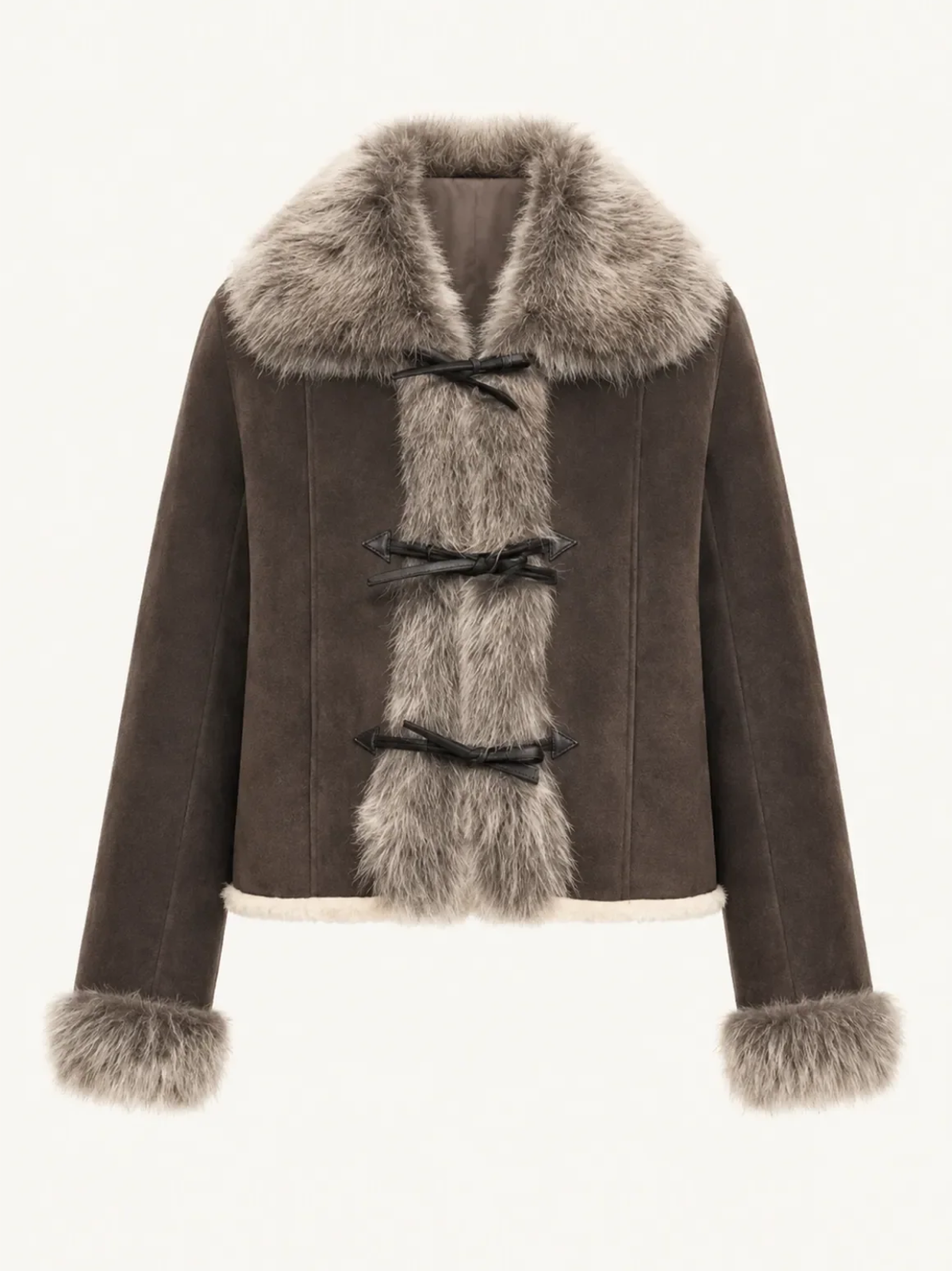 Florence dark brown Merino shearling coat with fox fur collar product cutout
