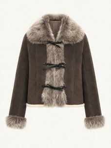 Florence dark brown Merino shearling coat with fox fur collar product cutout