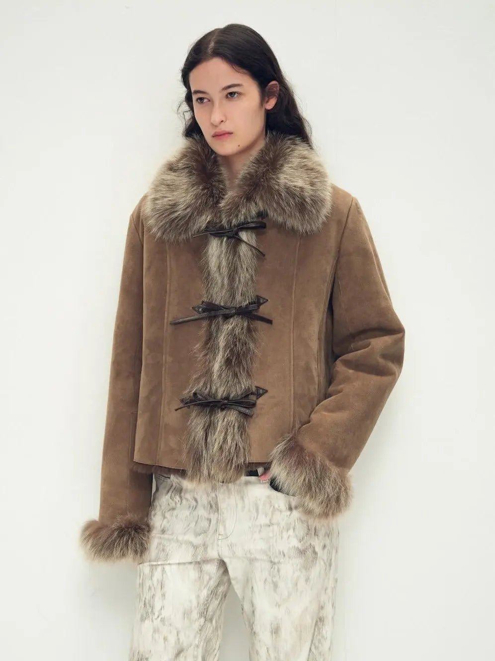 Florence macchiato Merino shearling coat, three-quarter styling view