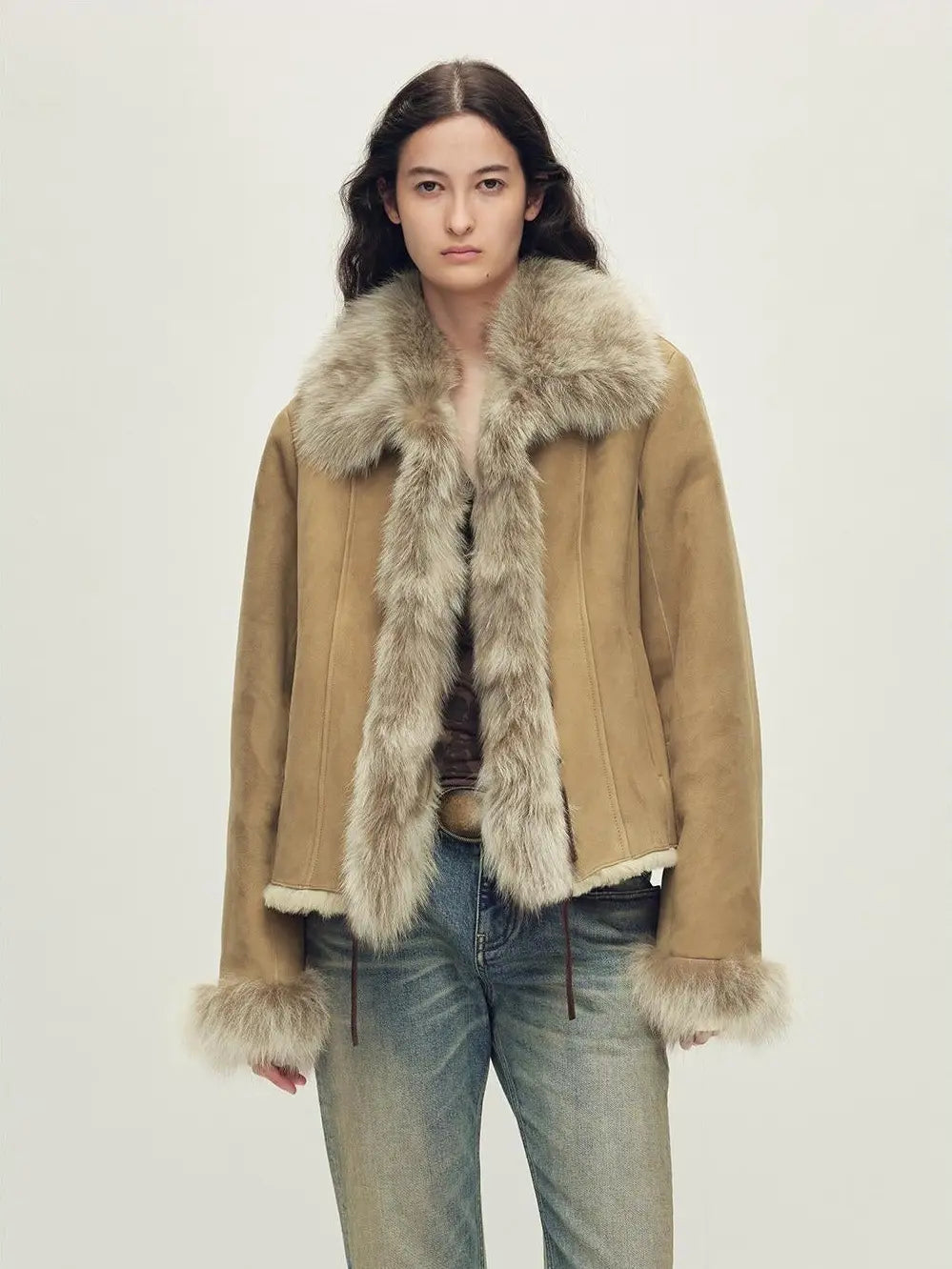 Woman wearing the Florence yellow-green Merino shearling fox fur coat, front view