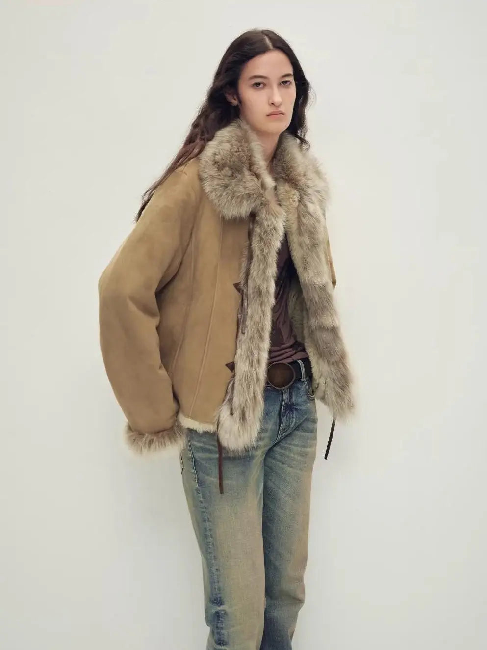 Florence yellow-green shearling coat with fox fur trim, side styling view