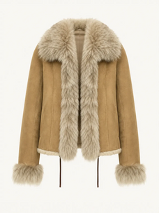 Florence yellow-green Merino shearling coat with long fox fur trim product cutout