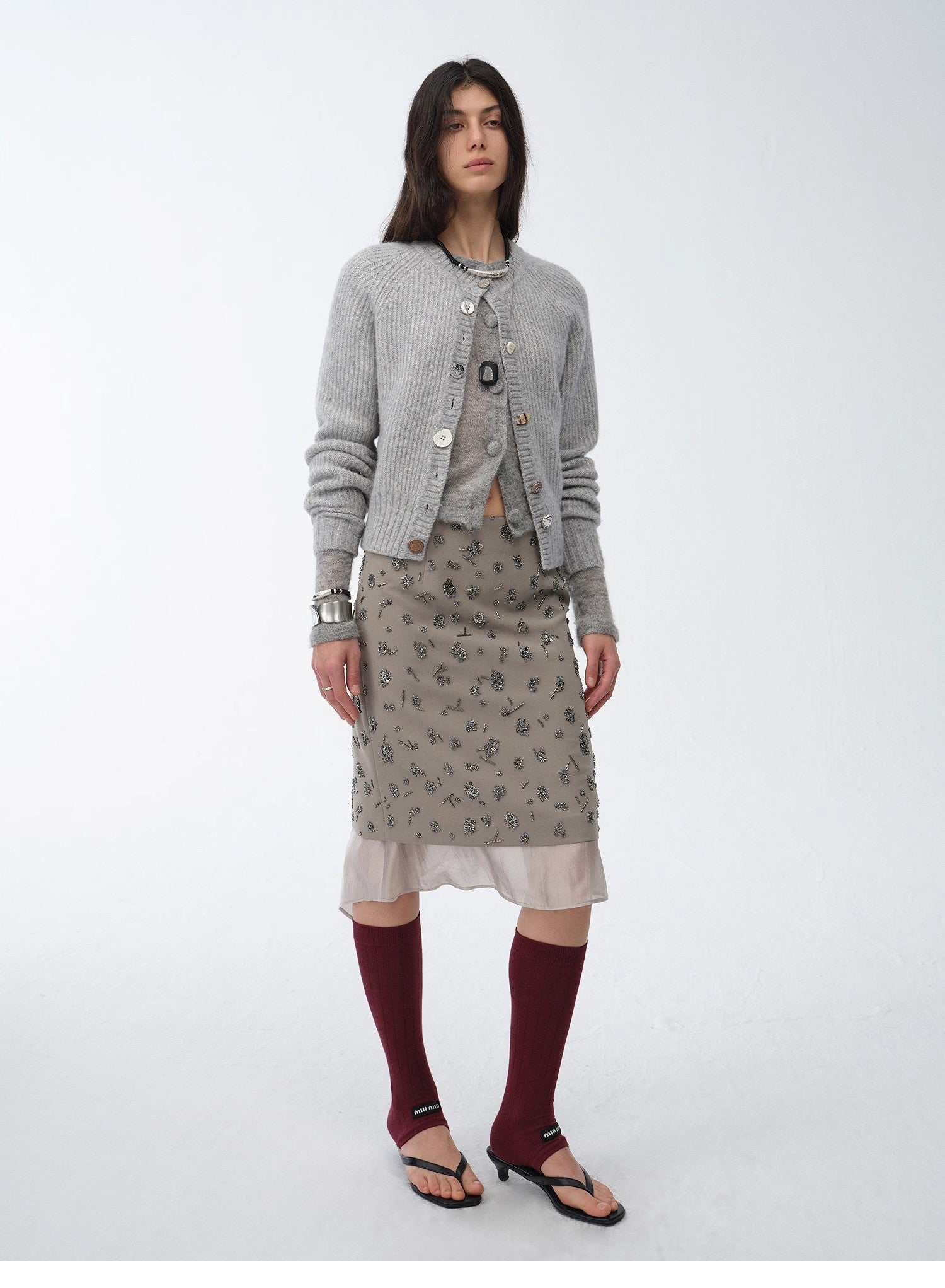 "Flowers and Her" irregular hand - embroidered sequin skirt - variant_title