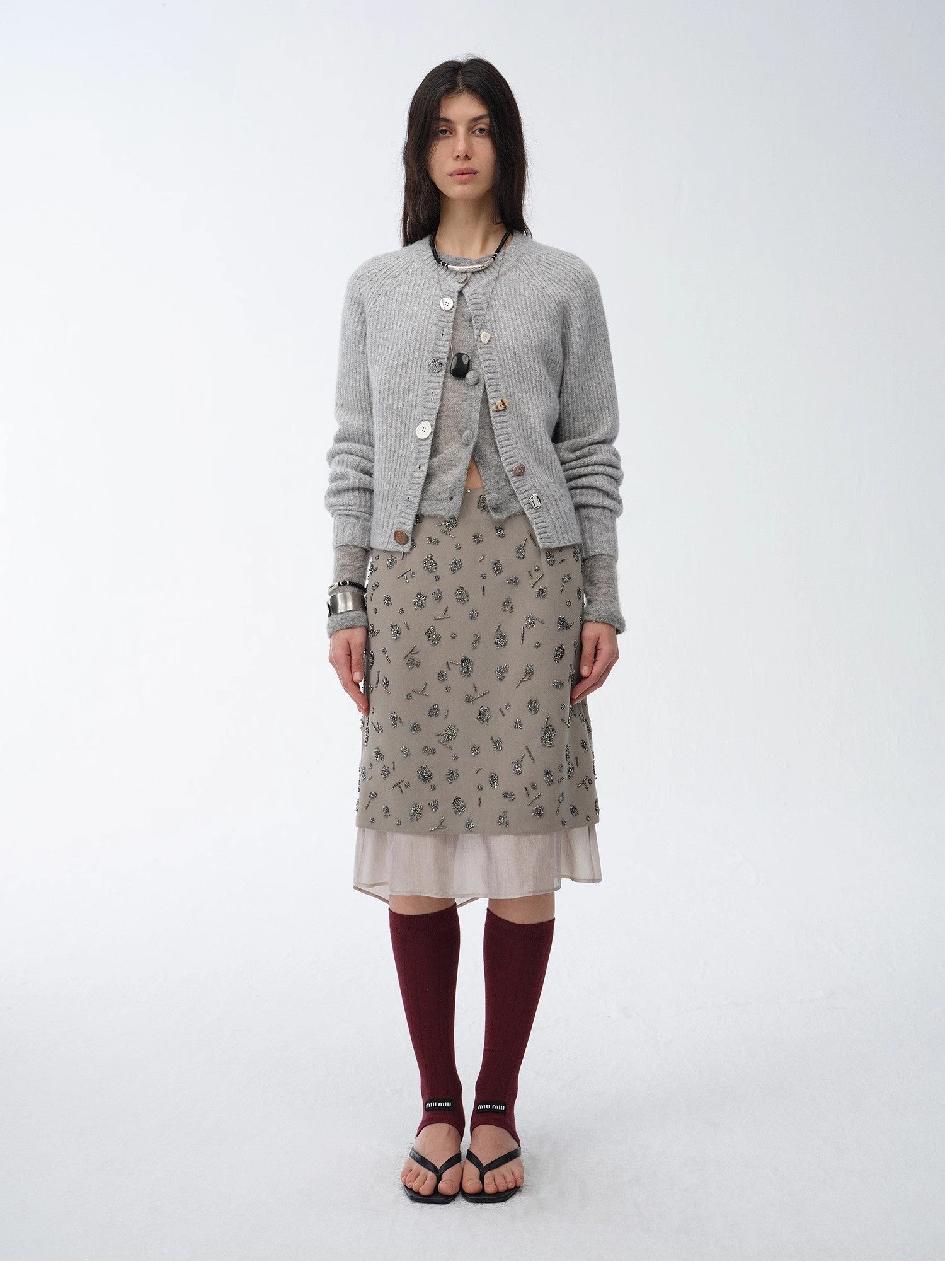 "Flowers and Her" irregular hand - embroidered sequin skirt - variant_title