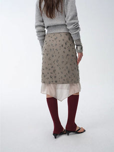 "Flowers and Her" irregular hand - embroidered sequin skirt - variant_title