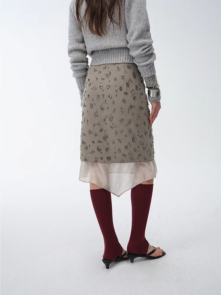 "Flowers and Her" irregular hand - embroidered sequin skirt - variant_title