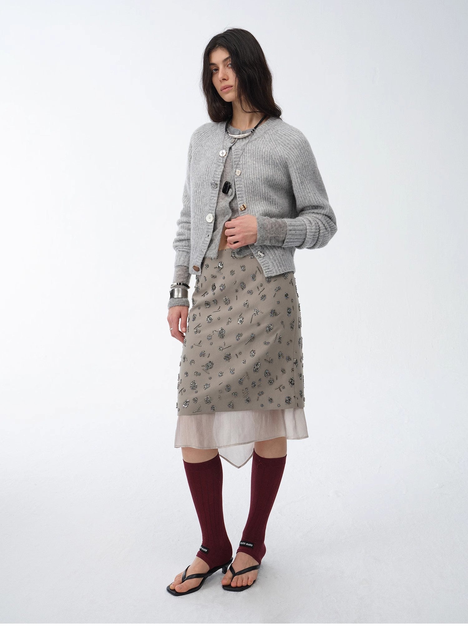 "Flowers and Her" irregular hand - embroidered sequin skirt - variant_title
