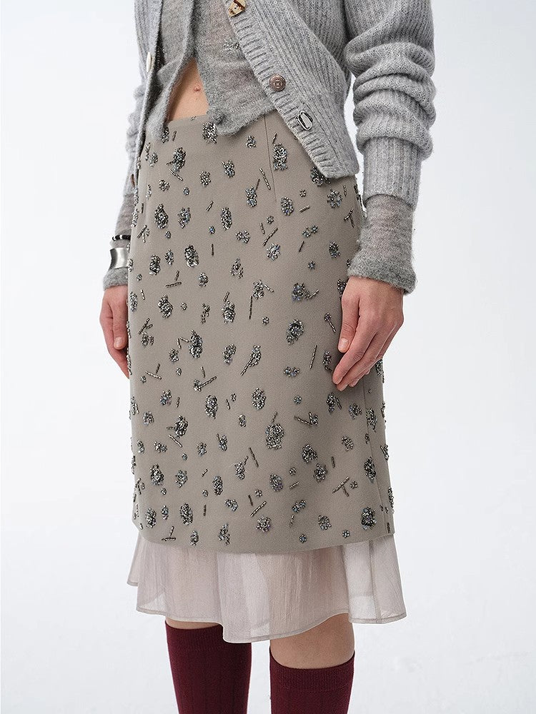 "Flowers and Her" irregular hand - embroidered sequin skirt - variant_title