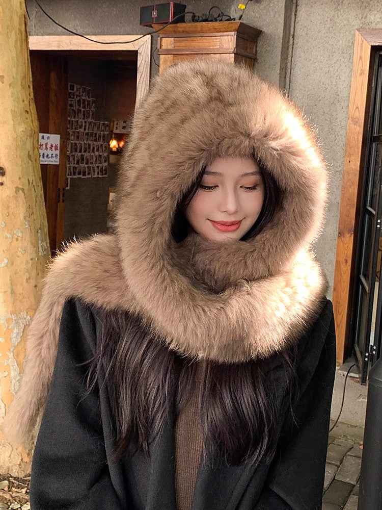 Fox Fur Hat Scarf Snow Hat Women Autumn Winter Warm High - end Double - sided Thickened Plush Earmuff Hat - variant_title
