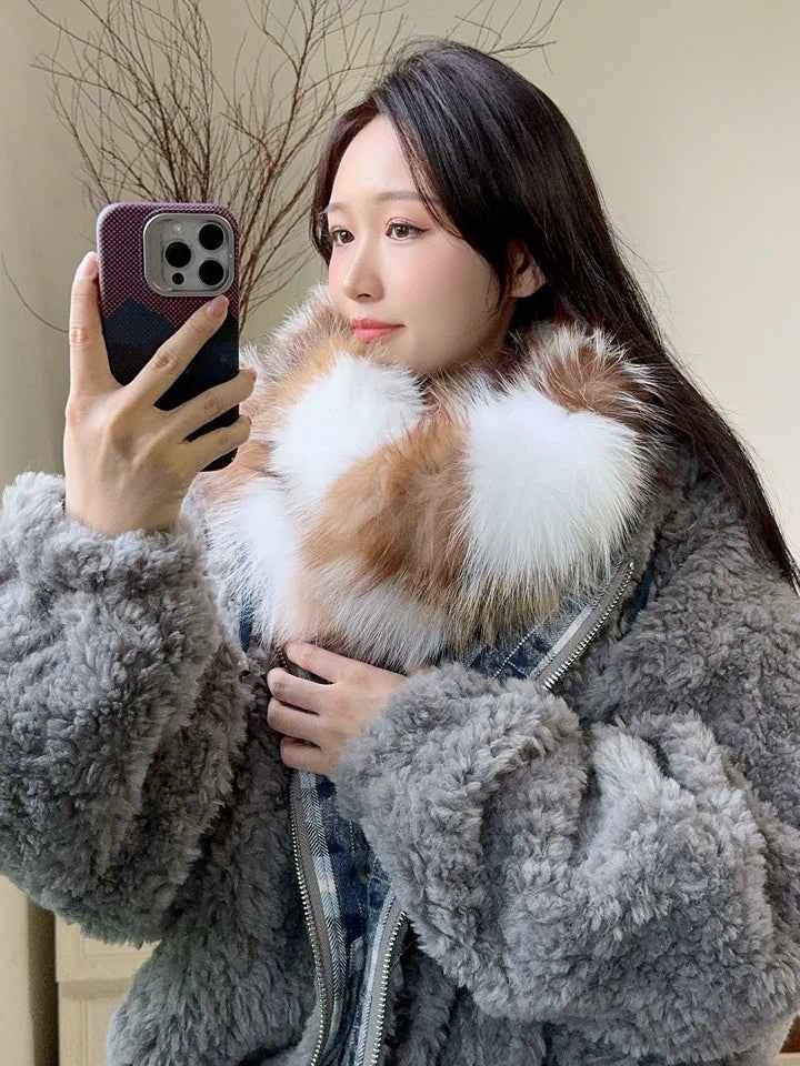 Fox fur scarf autumn and winter thickened warm pullover neck scarf - variant_title