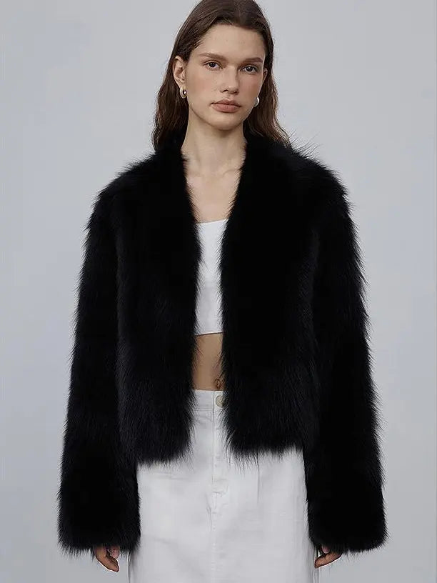 Model wearing Free Spirit Black short fox fur and leather coat
