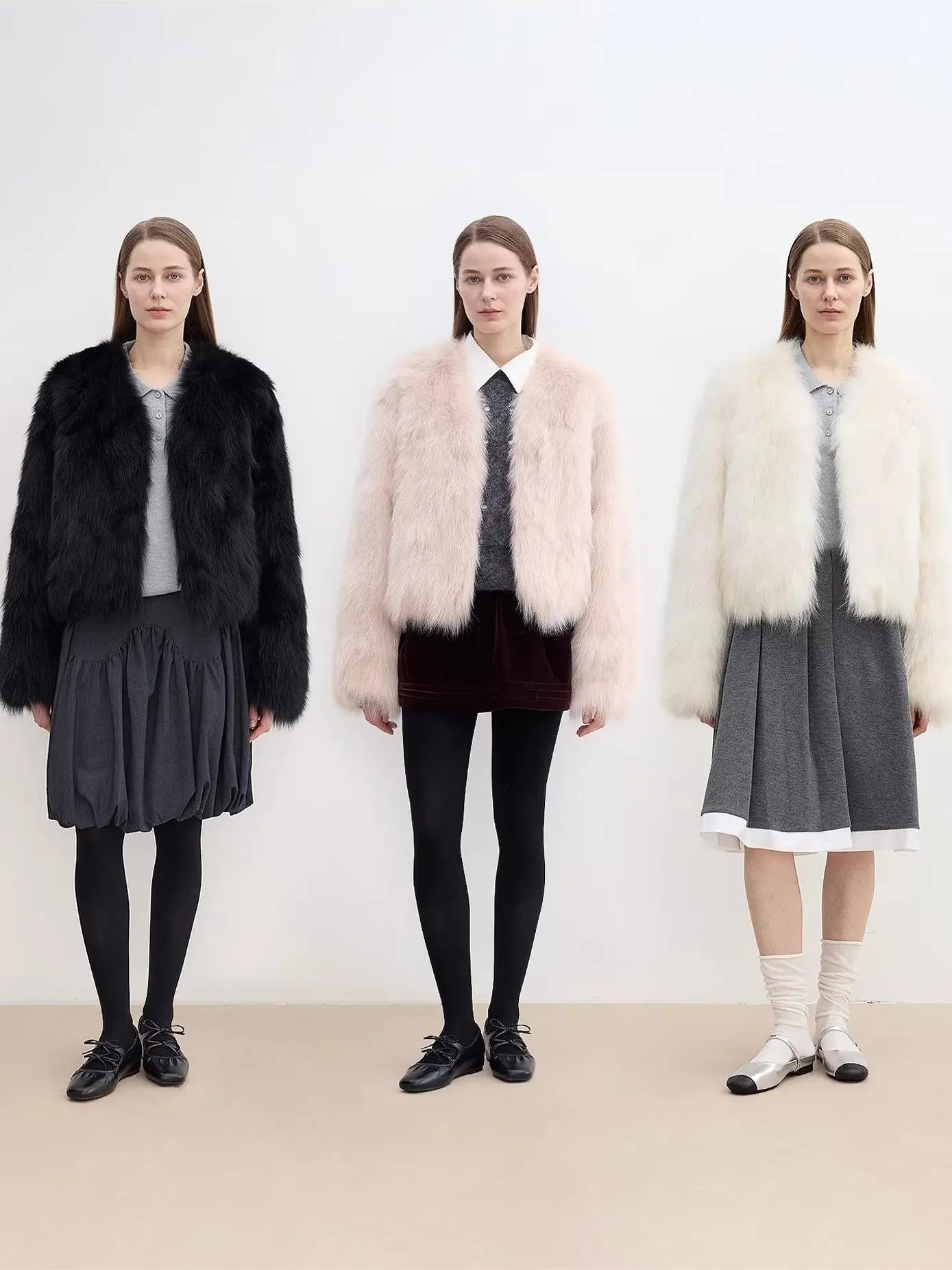 Free Spirit fox fur coat color comparison in Black, Pink and Classic White