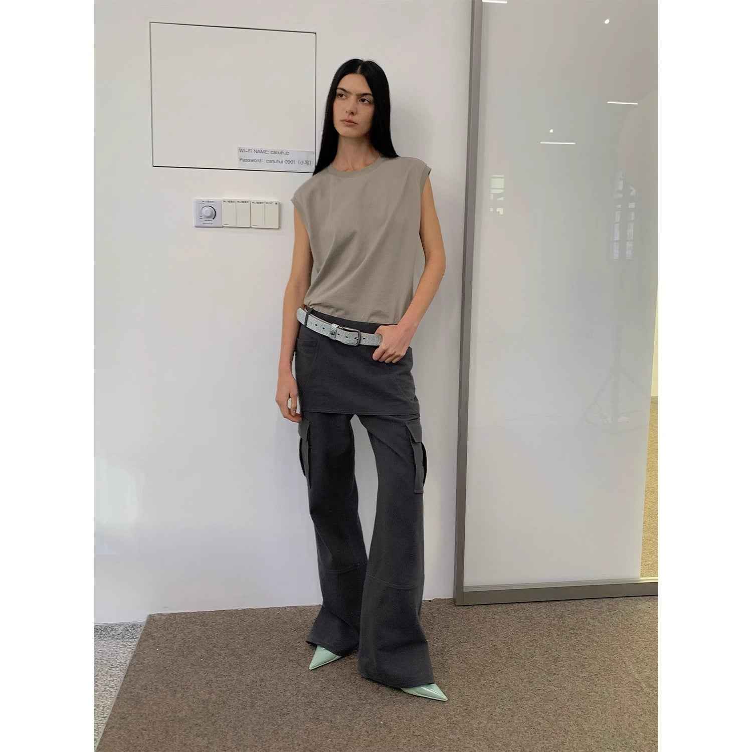 "Free to run away" miu style fake two - piece workwear micro - flared casual pants low - waist slim zipper trousers for women - variant_title