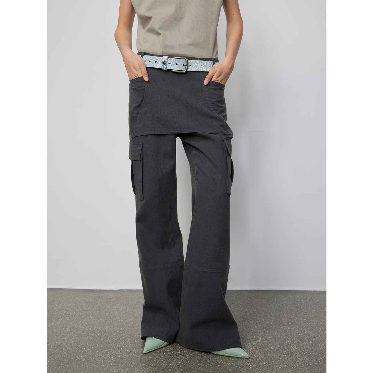 "Free to run away" miu style fake two - piece workwear micro - flared casual pants low - waist slim zipper trousers for women - variant_title