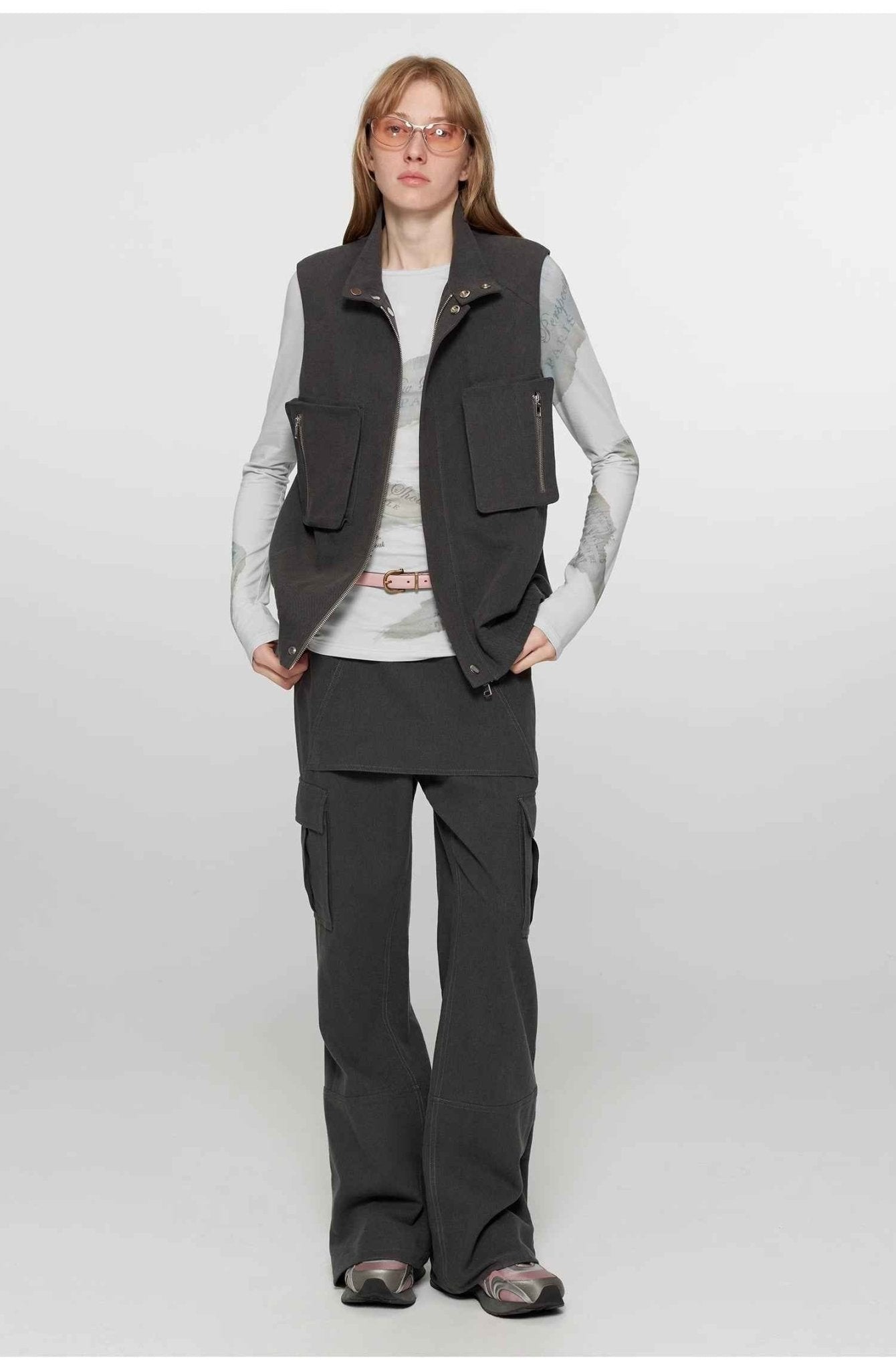 "Free to run away" miu style fake two - piece workwear micro - flared casual pants low - waist slim zipper trousers for women - variant_title