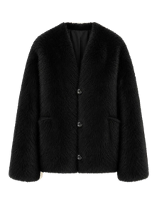Freezing Point Rum black Italian Toscana shearling V-neck coat product cutout